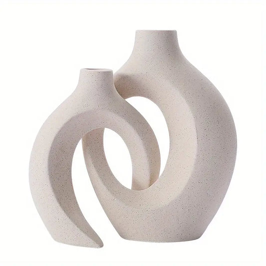 Set of 2 White Ceramic Vases - Modern Boho Decor-0