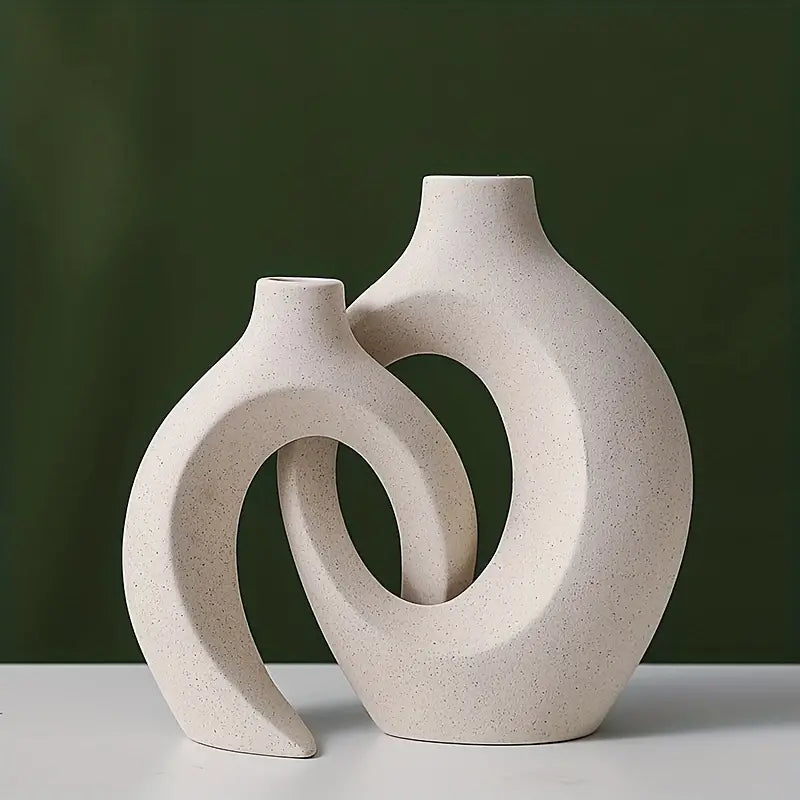 Set of 2 White Ceramic Vases - Modern Boho Decor-1