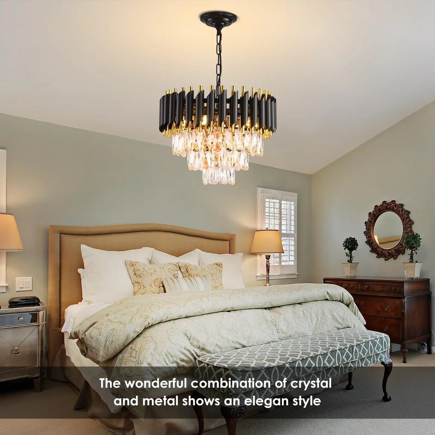 Crystal Chandelier: Black & Gold Tiered Pendant Light with Clear Crystals