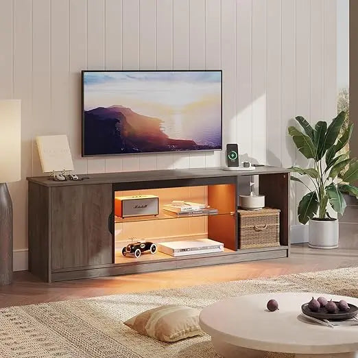 LED TV Stand with Power Outlets for 55/60/65 Inch TV, Gaming Entertainment Center with Cabinet for PS5, Modern TV Cabinet with