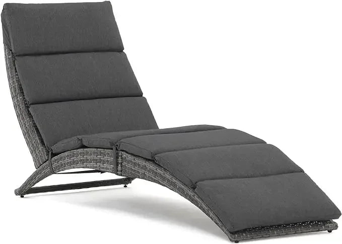 t Patio Chaise Lounge, Outdoor Lounge Chair, PE Rattan Foldable Chaise Lounger with Removable Dark Gray Cushion, Suitable