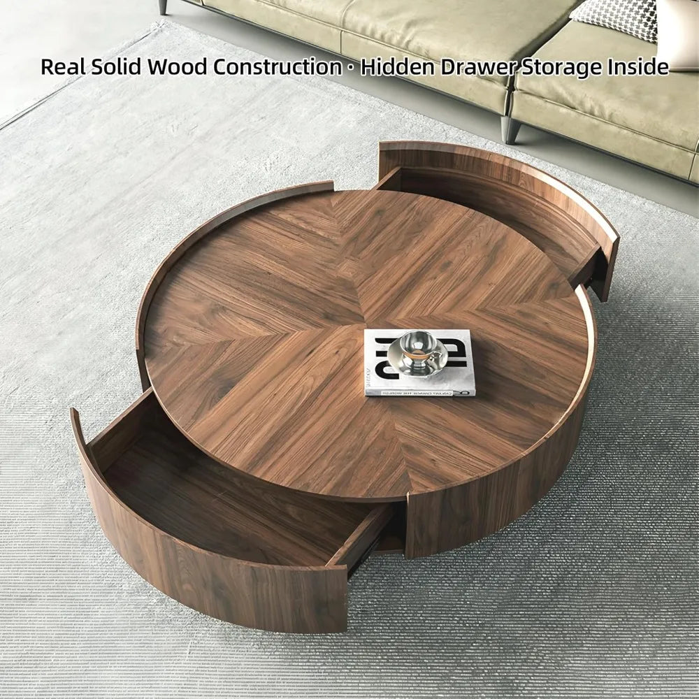 Solid Wood Coffee Table with Hidden Drawer, Fully Assembled Square Center Table for Living Room, Raised Edge Design