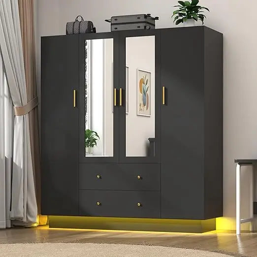 4 Door Wardrobe Closet with Mirrors and LED Lights, Bedroom Armoire with Drawers and Shelves, Modern Wooden Armoire Wardrobe