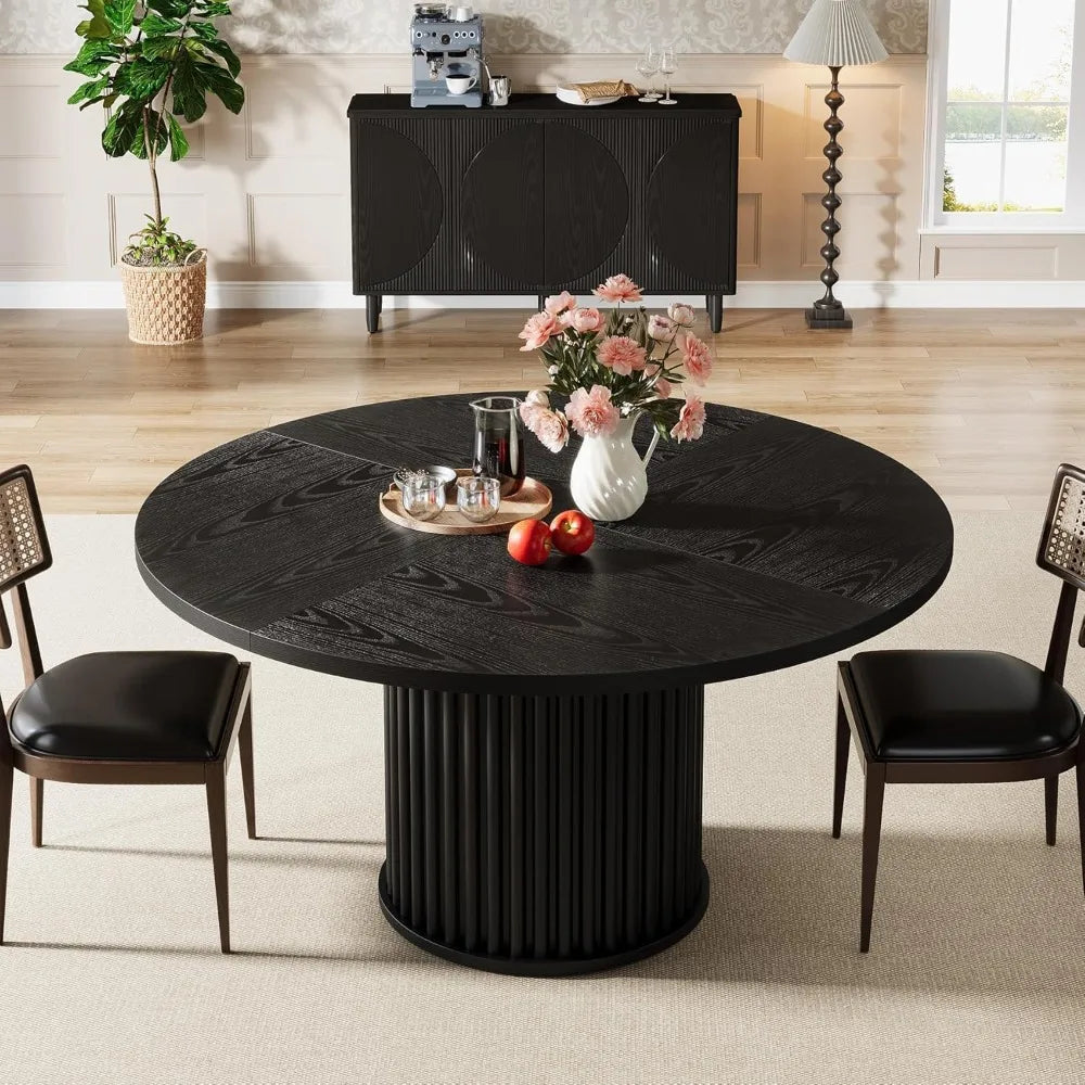 47.24-Inch Black Round Dining Table for 4-6 People, Modern Fluted MDF + Metal Base Kitchen Table, Sturdy Circle Dining