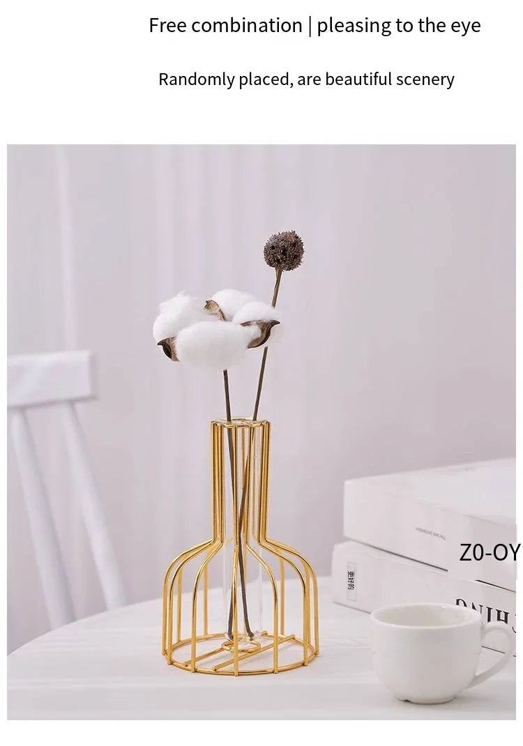 1 set of gold wrought iron metal vase hydroponic container test tube vase living room illustration decoration