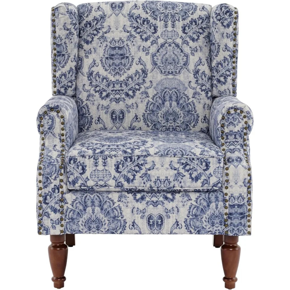 Floral-Patterned High-Back Wingback Chair with Upholstered Arms, Nailhead Trim, and Solid Wood Legs for Living Spaces