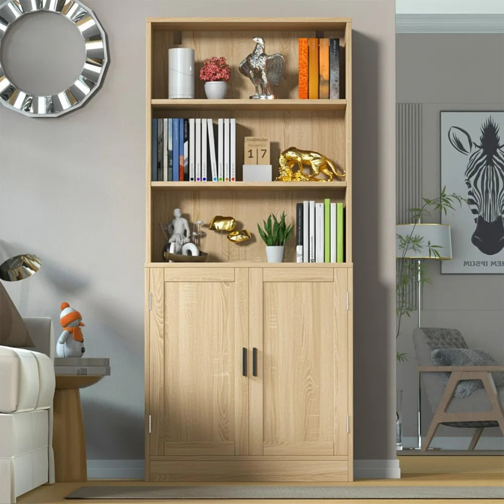 5-Tier Tall Bookcase with Doors - Wood Display Shelf, 75"