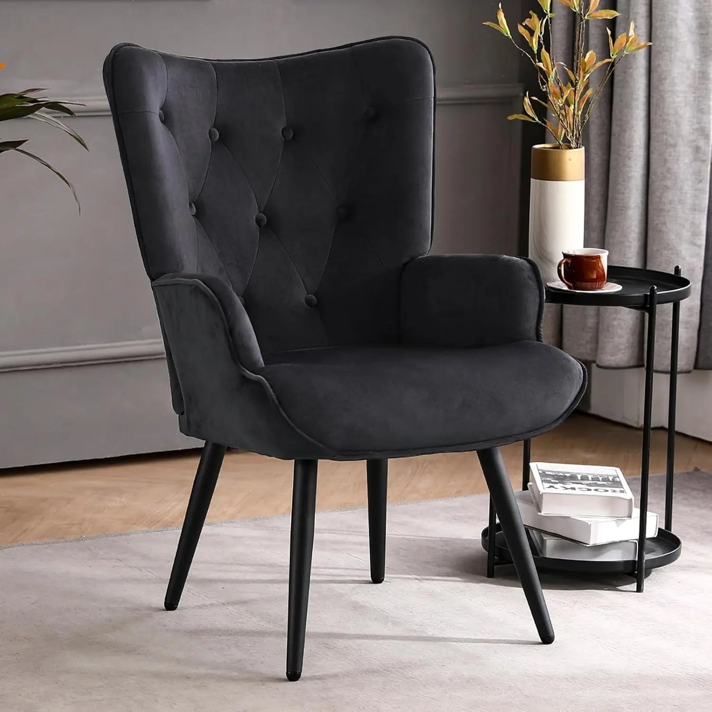 Velvet Accent Chair for Living Room, Upholstered Reading Chair with High Backrest, Tufted-Button Wingback Armchair f