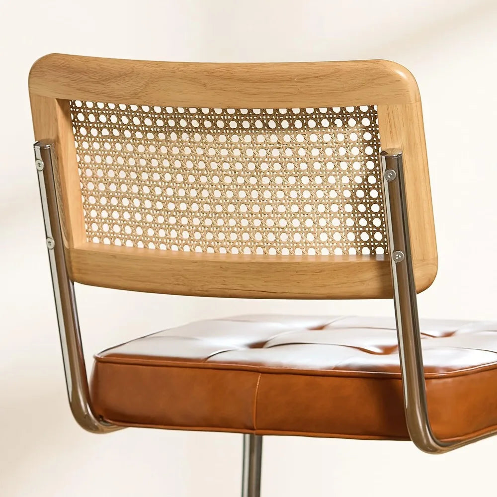 Natural Rattan Bar Stools Set of 2 - 24 Inch Counter Height with Solid Wood Backrest and Brown Faux Leather Seat