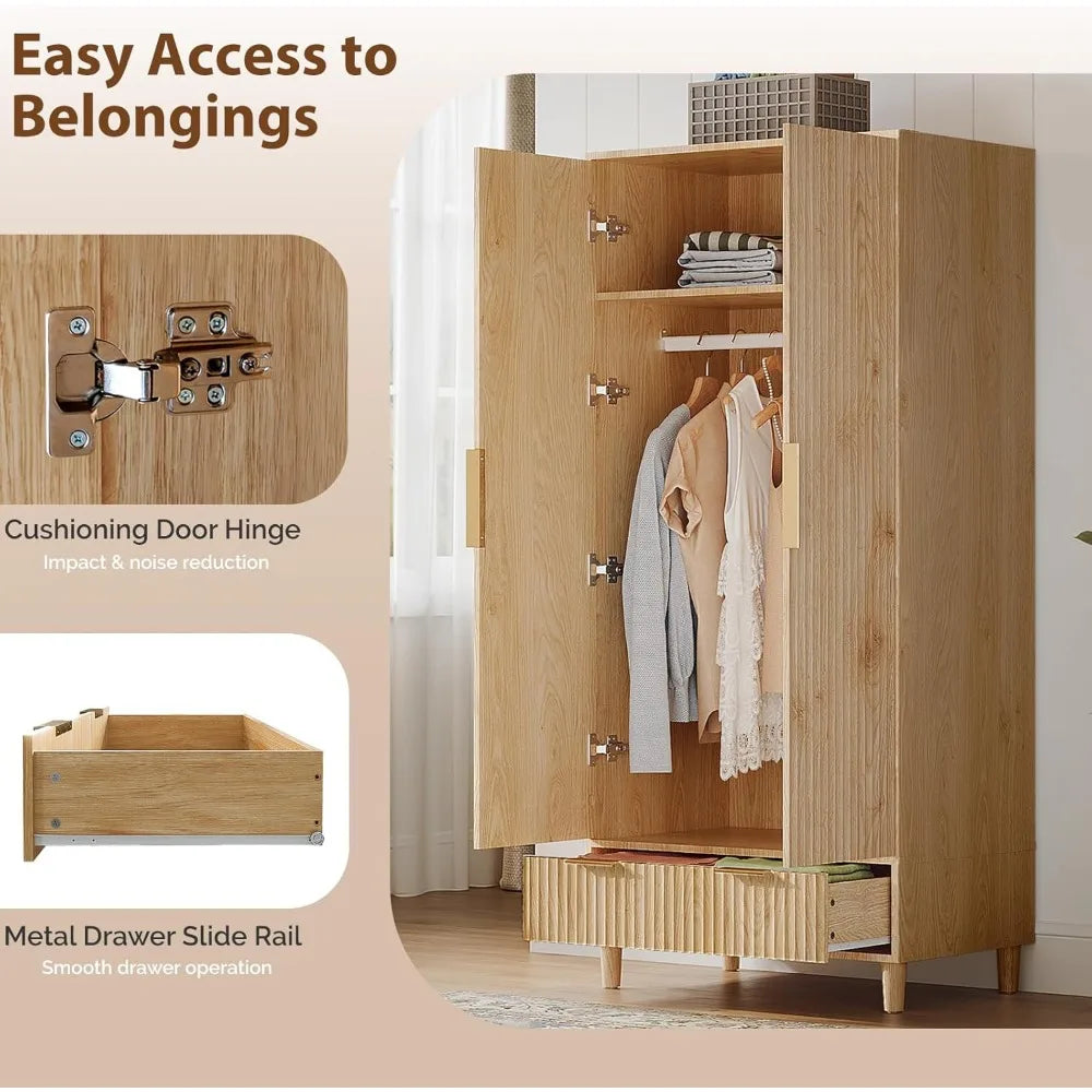 Oak Wooden Wardrobe with Doors, Drawers, and Hanging Rack for Bedroom Closet Storage