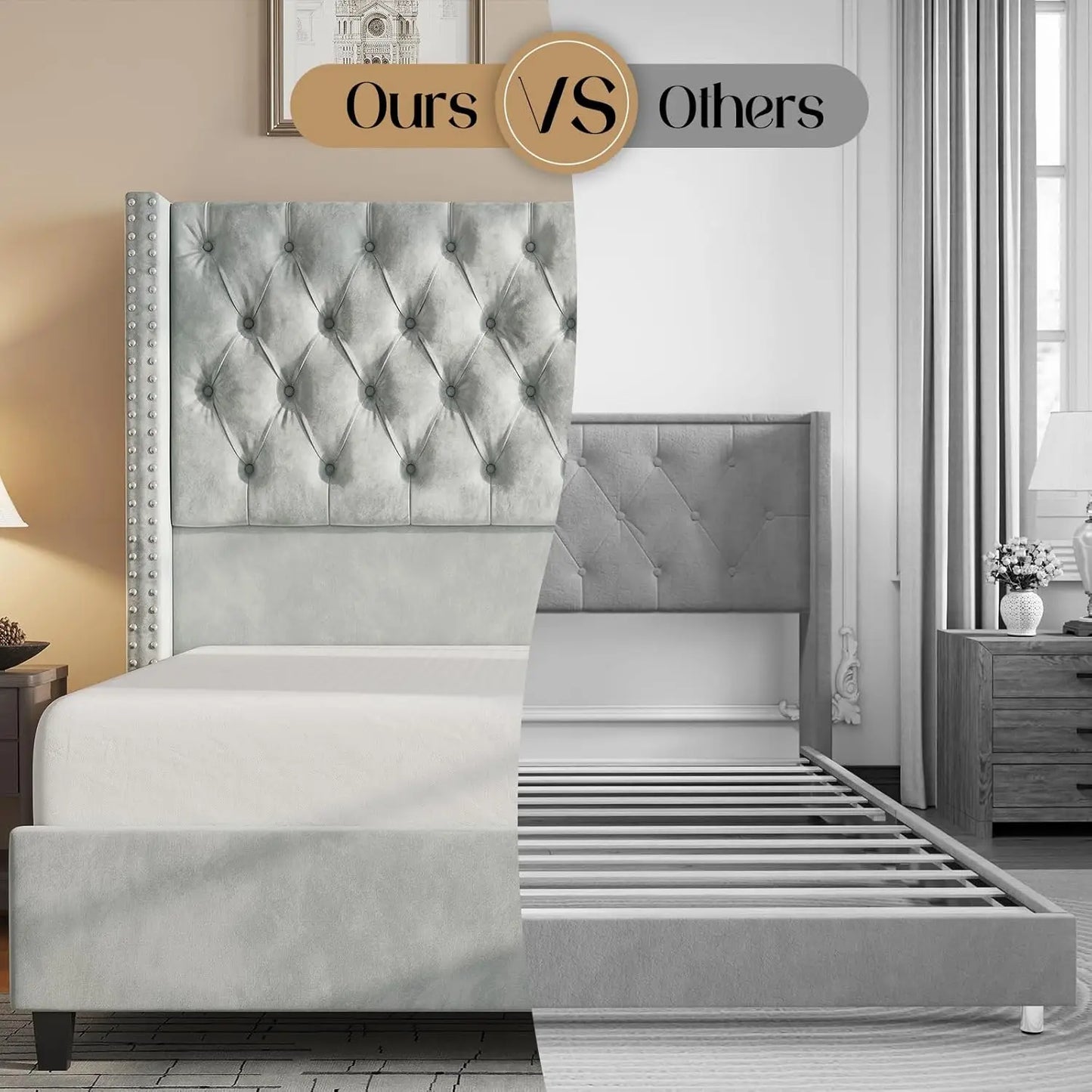 Queen Size Platform Bed Frame with Upholstered Headboard