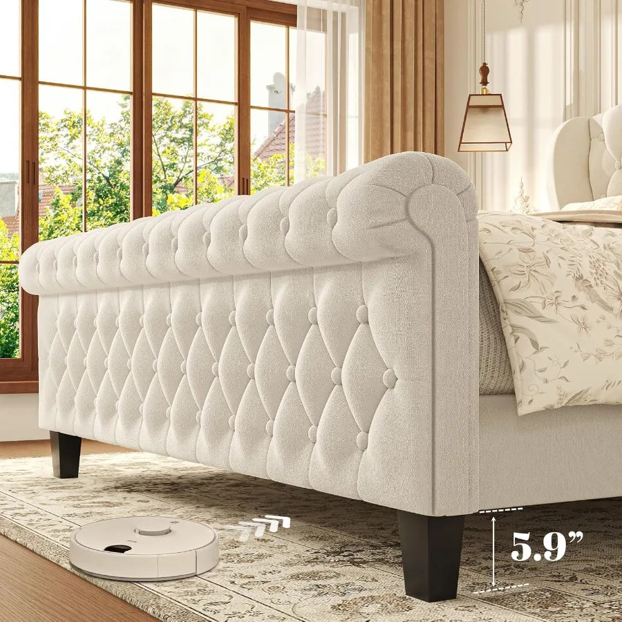 Queen Size Velvet Upholstered Sleigh Bed with Wingback Headboard