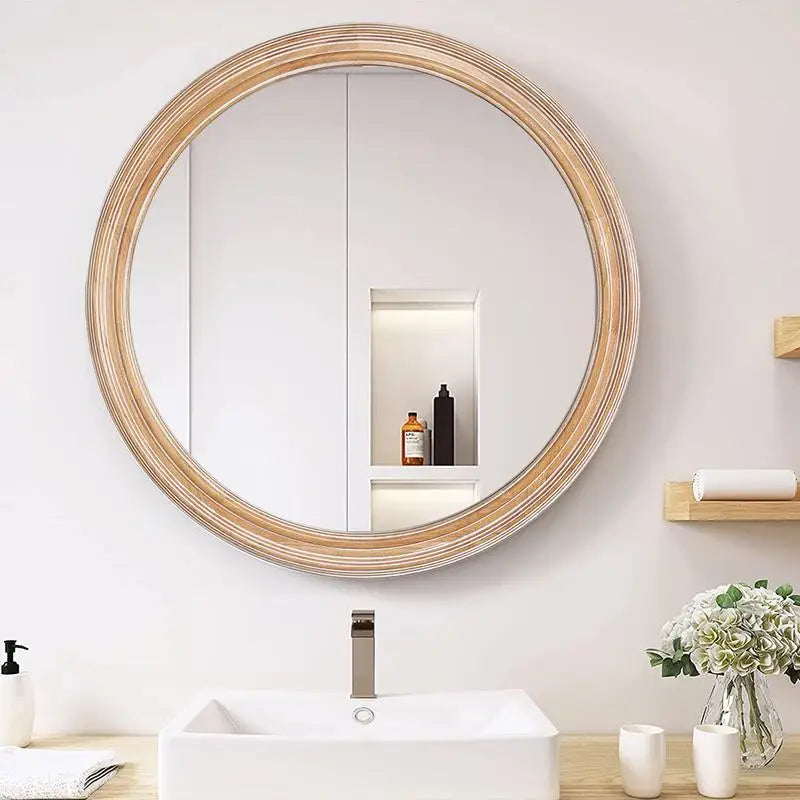 Round Wood Framed Wall Mirror with Ribbed Detail, 23.62" Natural Circle Mirror for Bathroom, Bedroom, Entryway, Coastal &