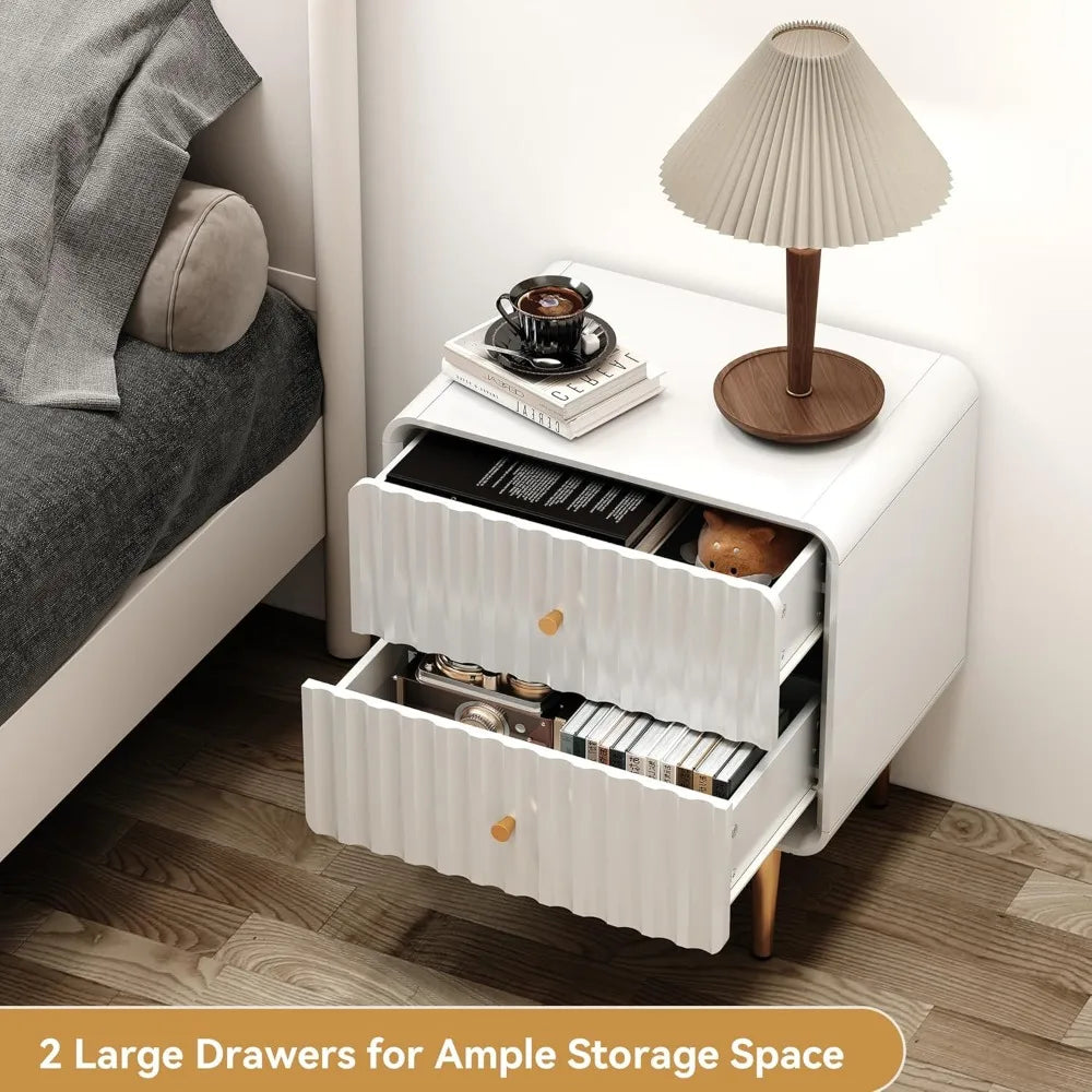 Modern Nightstand Set of 2, Fluted Bed Side Table with 2 Drawers Storage, Wood End Table with Gold Metal Handle, White Night St