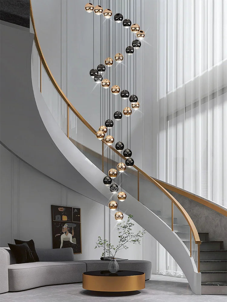 Chandelier: Multi-Drop Cluster with Metallic Globe Pendants in Black & Gold