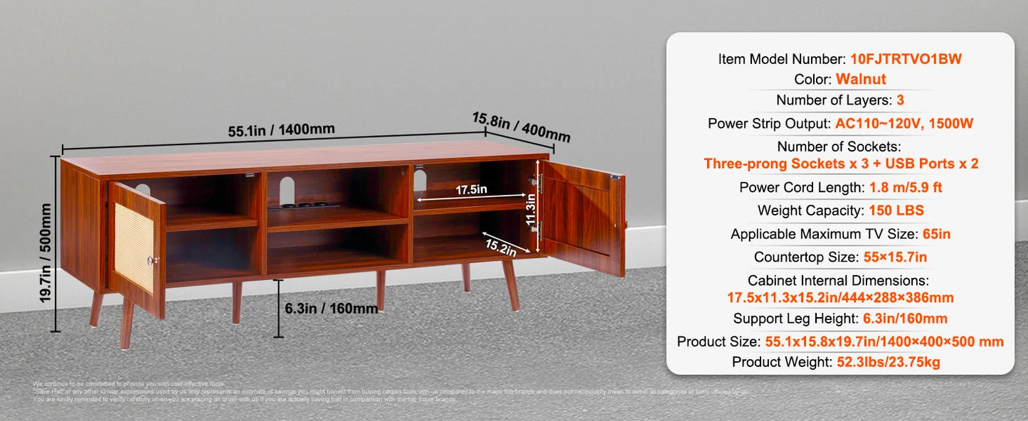 Rattan TV Stand Mid Century Modern TV Stand with Build-in Socket USB Ports Adjustable Shelfs for Living Room Media Room