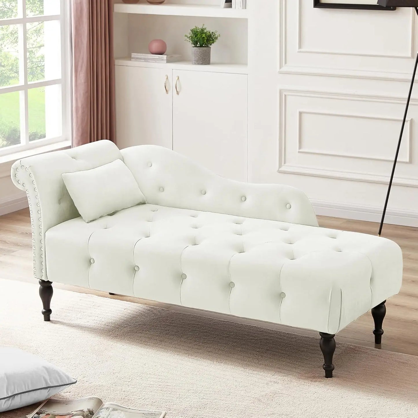 Modern Velvet Upholstered Chaise Lounge Indoor Button Tufted Chaise Lounge Chair with Solid Wood Legs Single Sleeper Sofa