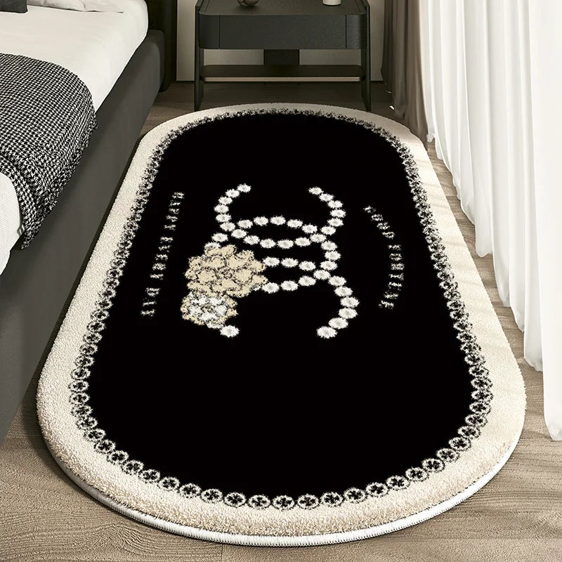 Designer-Inspired Oval Bedroom Rug - Luxury Logo Design with Lace Border