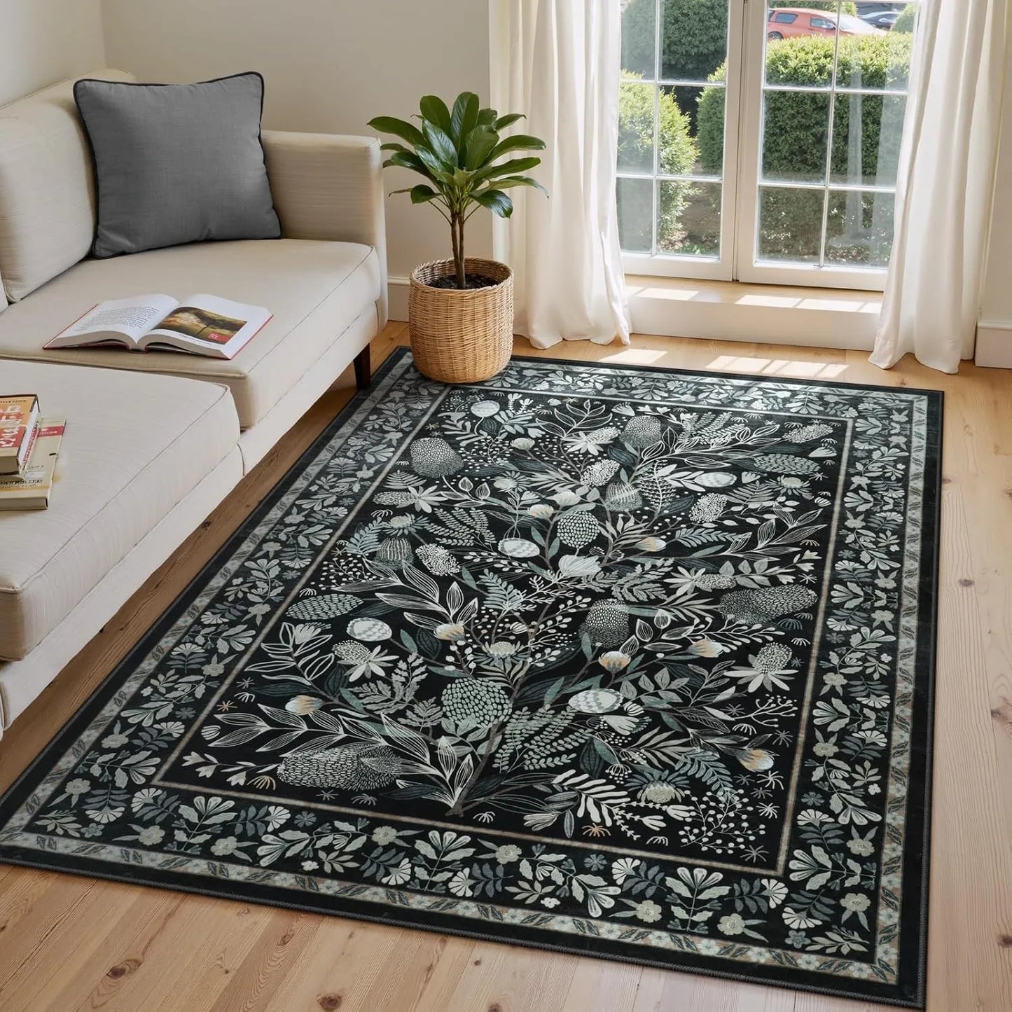 Christmas Area Rug Botanical Floral Washable Rugs for Living Room Holiday Decor, Non-Slip Soft Modern Bedroom Rug,Indoor Carpet