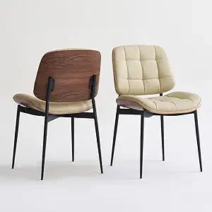 Mid Century Modern Dining Chairs with Walnut Grain Back, Black Faux Leather Dining Room Chairs Set of 2, Checkered Soft Cushion