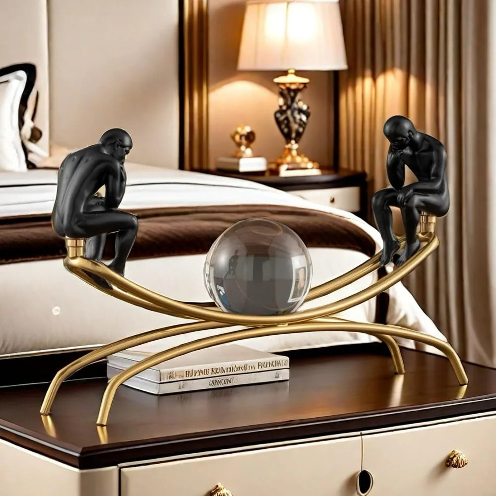 The Thinker Statue with Crystal Ball - Figurine Sculpture | Home Office Decor