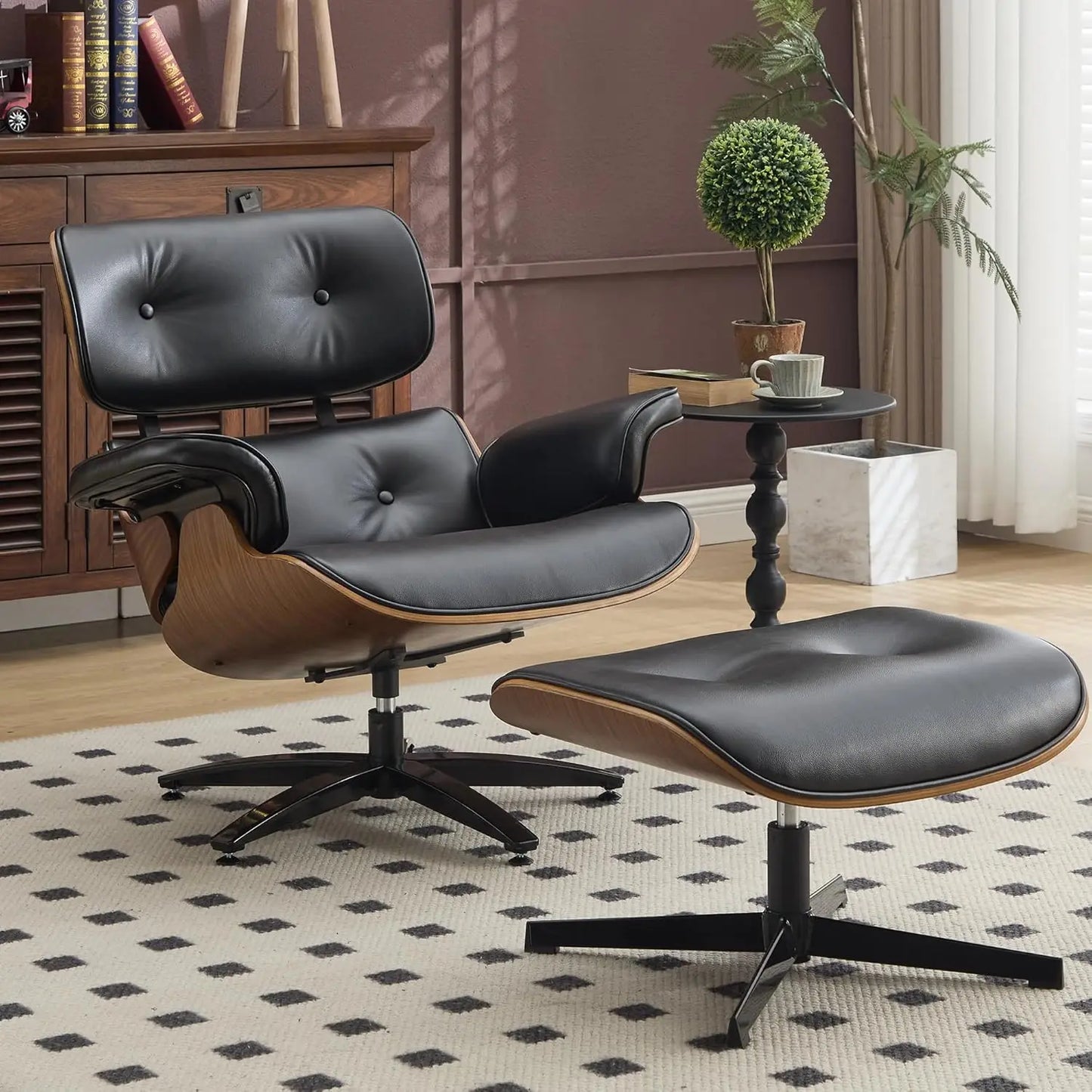 Mid-Century Modern Lounge Chair and Ottoman Set, Classic PU Leather Upholstery, Walnut Wood Trim, 360° Swivel, Ergonomic
