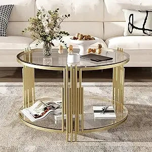 31.5" Modern Round Glass Coffee Table, Glass Side Table End Table with Circular Metal Drum Base, Tea Table with Gold Finish & Lo