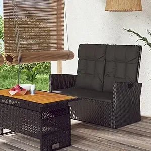 Reclining Patio Bench with Cushions Black 46.5" Poly Rattan Outdoor Benches Garden Benches Adjustable Reclining angleBench with