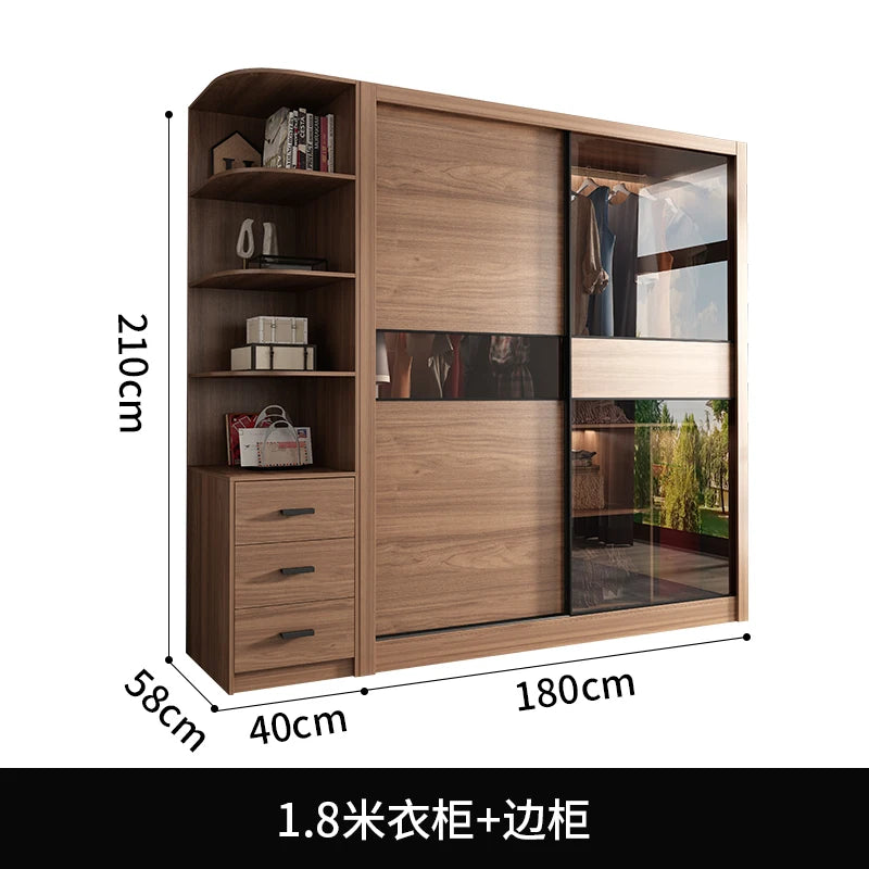 Nordic Wardrobe Bedroom Simple Glass Sliding Door Walnut Color Cabinet Sliding Door Wardrobe
