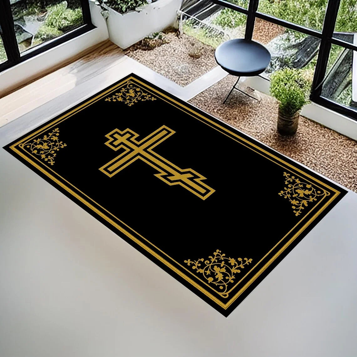 Geometric Cross Pattern Area Rug - Gold Border Design - Multiple Colours