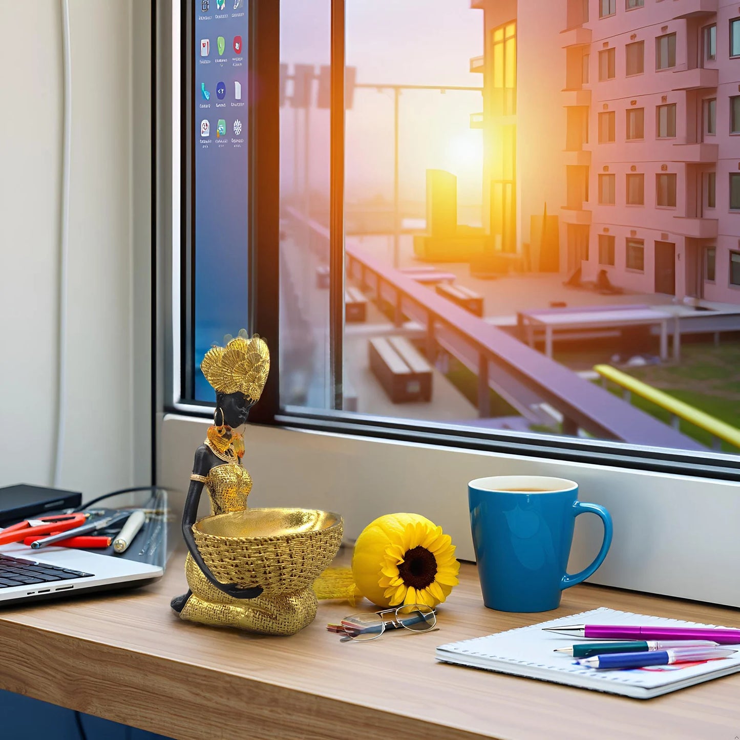 African Tribal Statue - Tribal Lady Figure Sculpture Tray,Coffee Table/Office/Shelf/Living Room Handmade Home Decor(Gold)