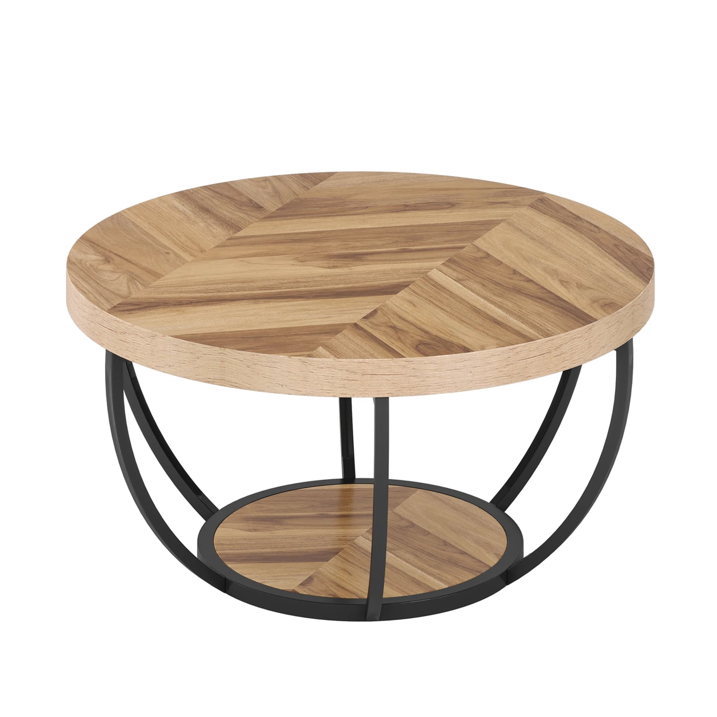Round Coffee Table with Storage Shelves - 31.7" Industrial 2-Tier Circle Table