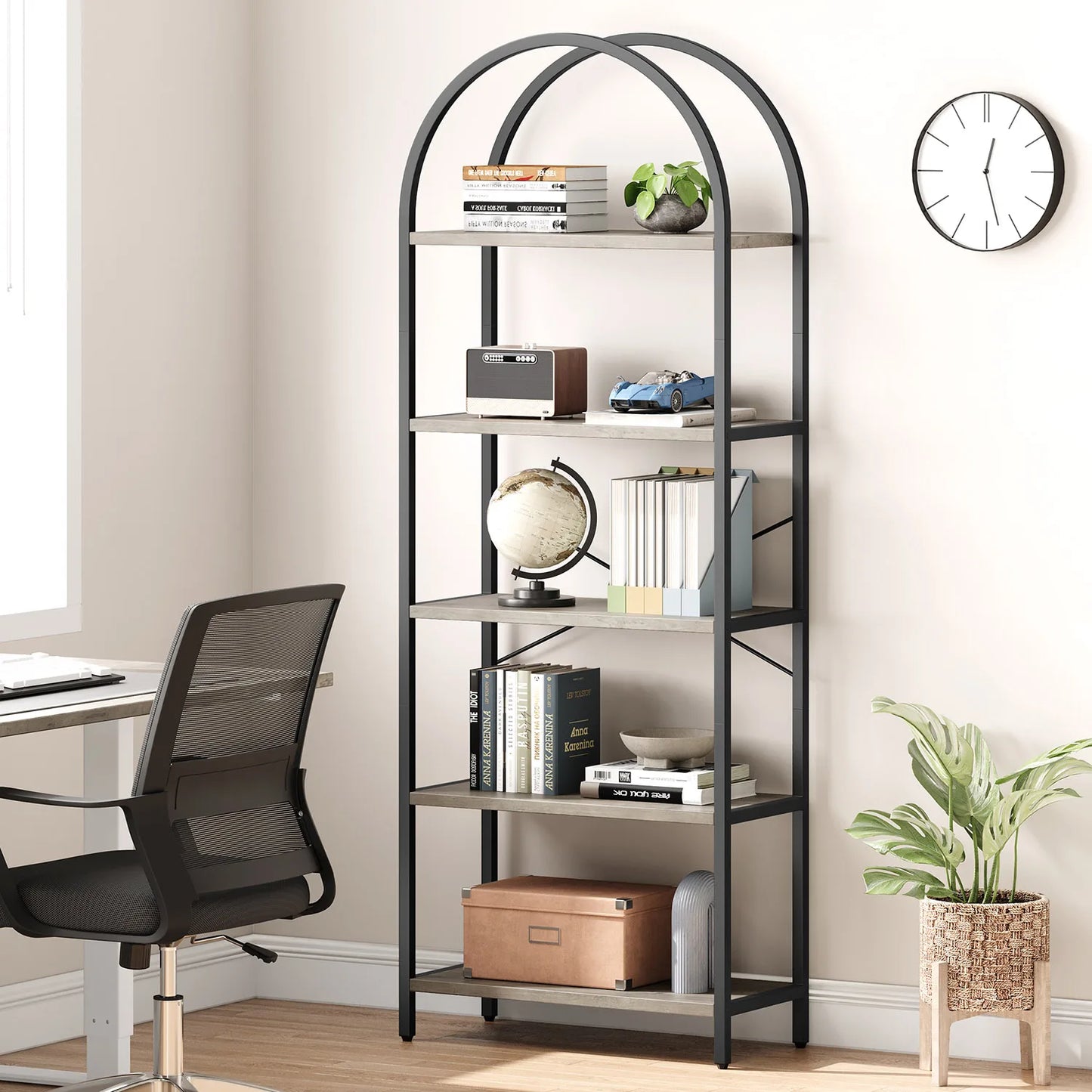 5-Tier Arched Bookshelf - Industrial Freestanding Display Rack, 180cm