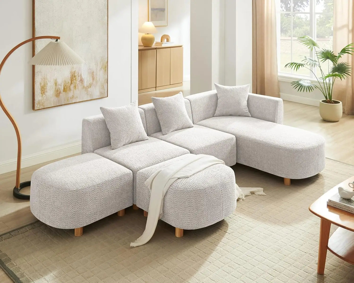 113" Sectional Sofa with 4 Pillows, U-Shaped 4-Seater Comfy Boucle Cloud Couch, Modern Double Chaises Lounge Sofas for Living