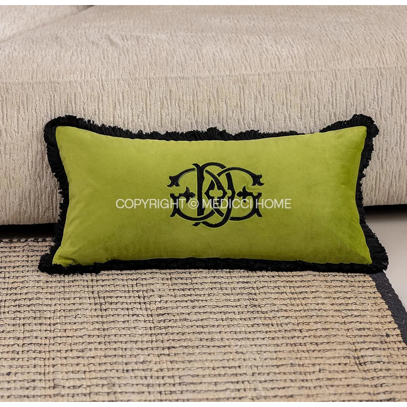 Medicci Home Luxury Monogrammed Lumbar Cushion Cover Green Brush Fringe Monogram Accent Throw Pillow Case Personalized Gifts