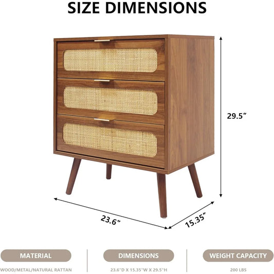 3 Drawer Dresser with Rattan Design - Bedside Storage Cabinet