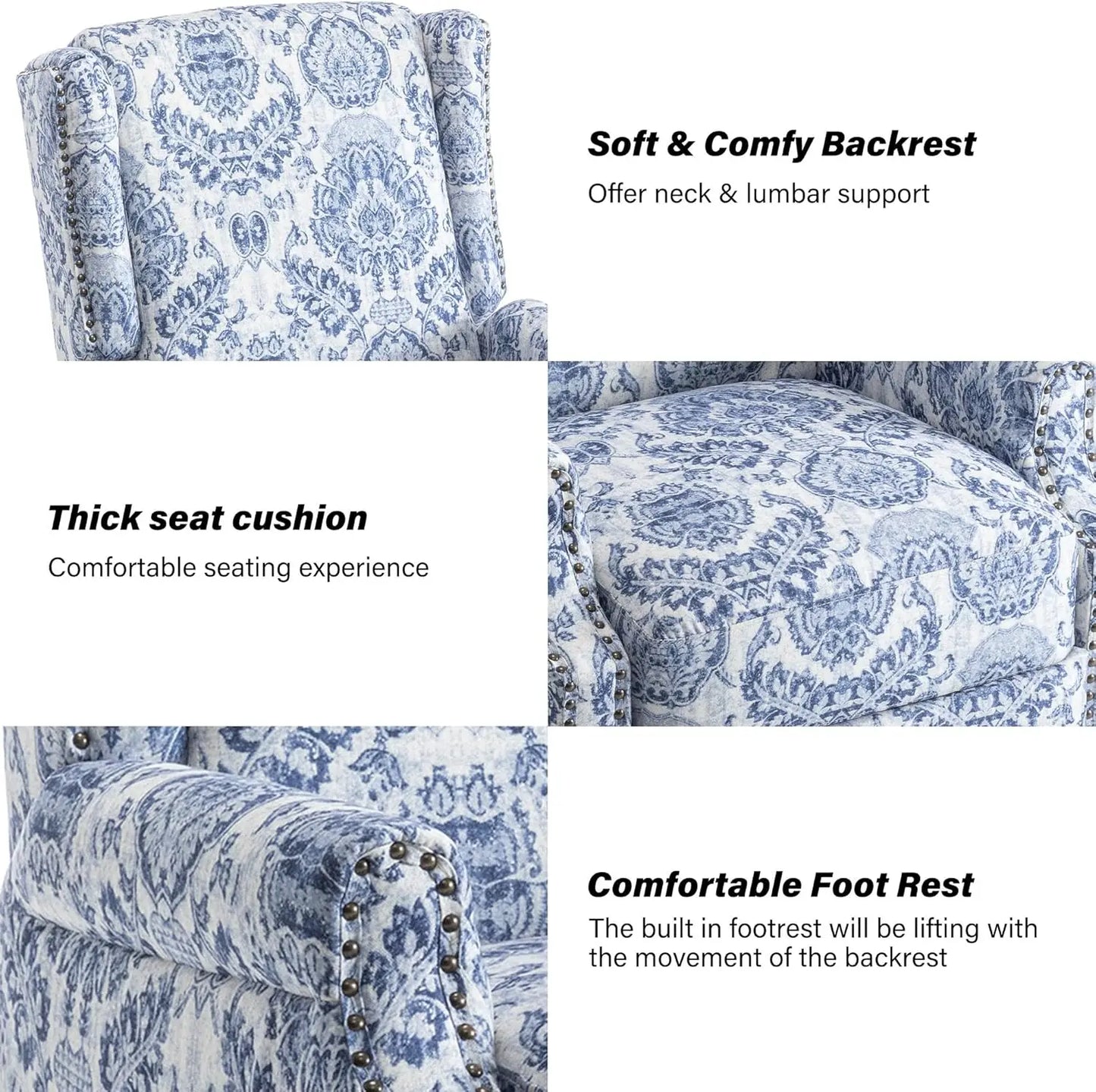 Pushback Recliner Chair, Floral Fabric Wingback Recliner Chair, Upholstered Armchair Push Back Recliner, Rivet Trim S