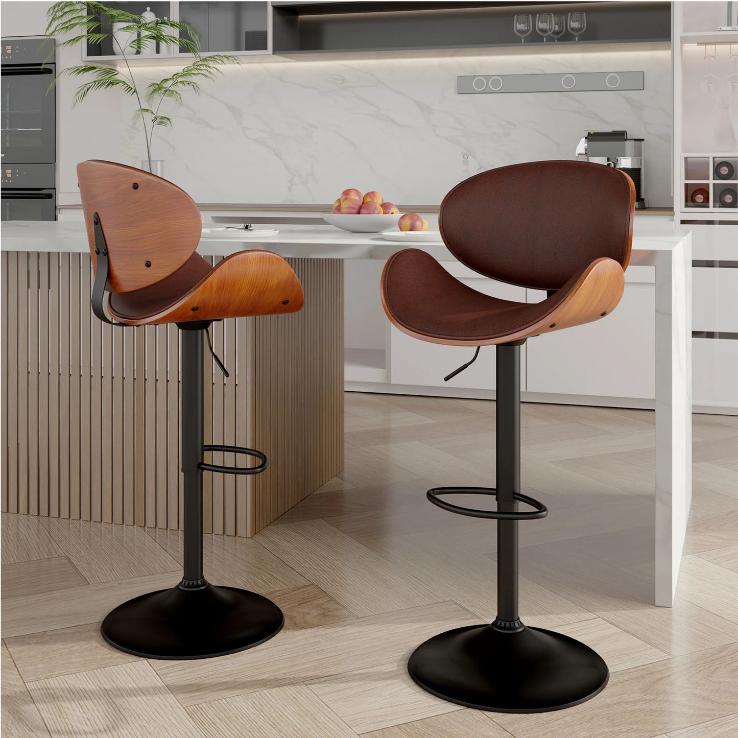 Rotating Bar Stool 2-Piece Set with Backrest and Footstool, Pu Leather Cushion Counter Height Bar Chair for Bar Kitchen and Restaurant