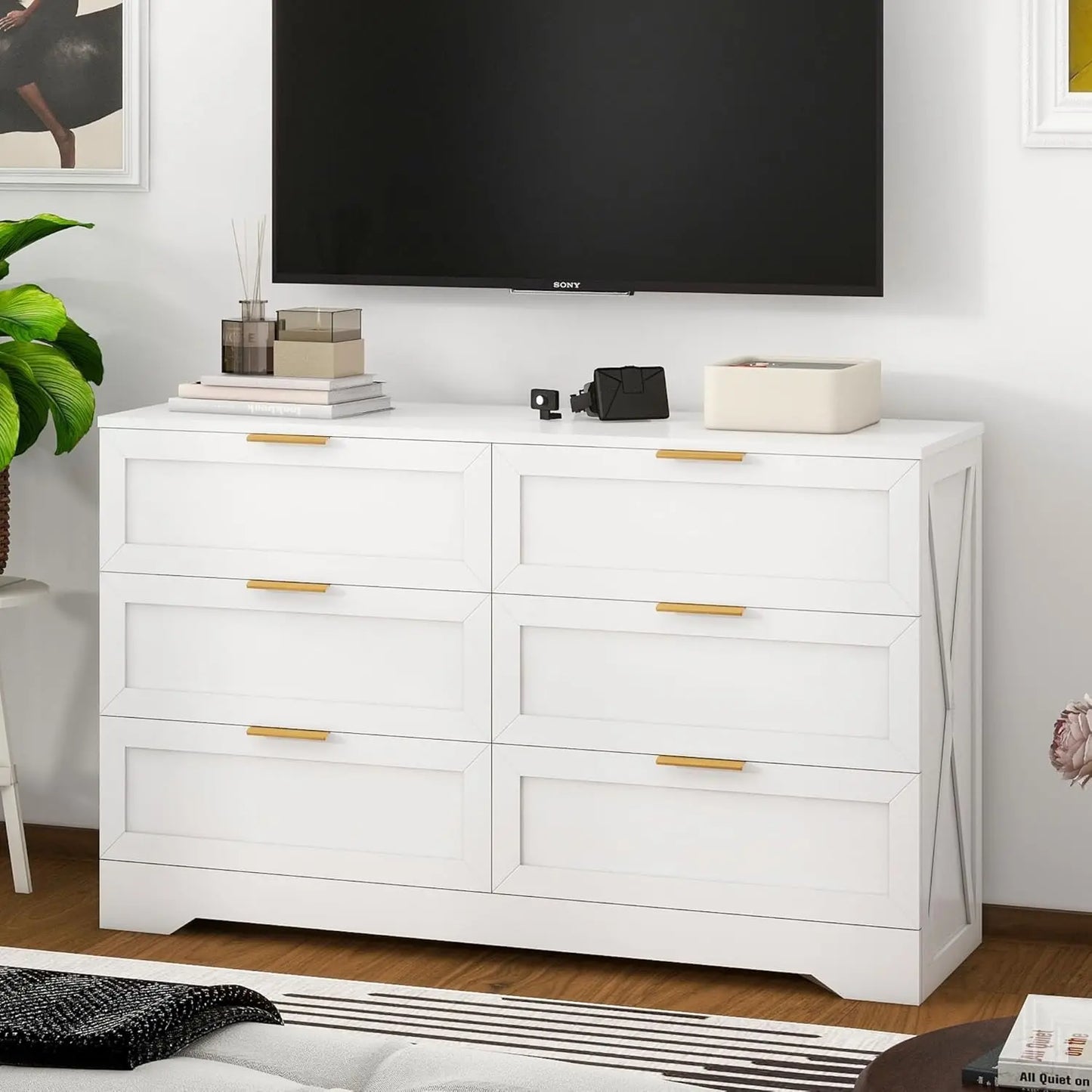 White 6-Drawer Dresser with Rose Gold Handles, Modern Wooden Storage Unit