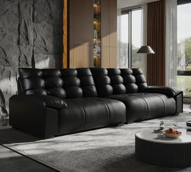 Black Leather Tufted Modular Sofa - Contemporary Recliner for Living Room