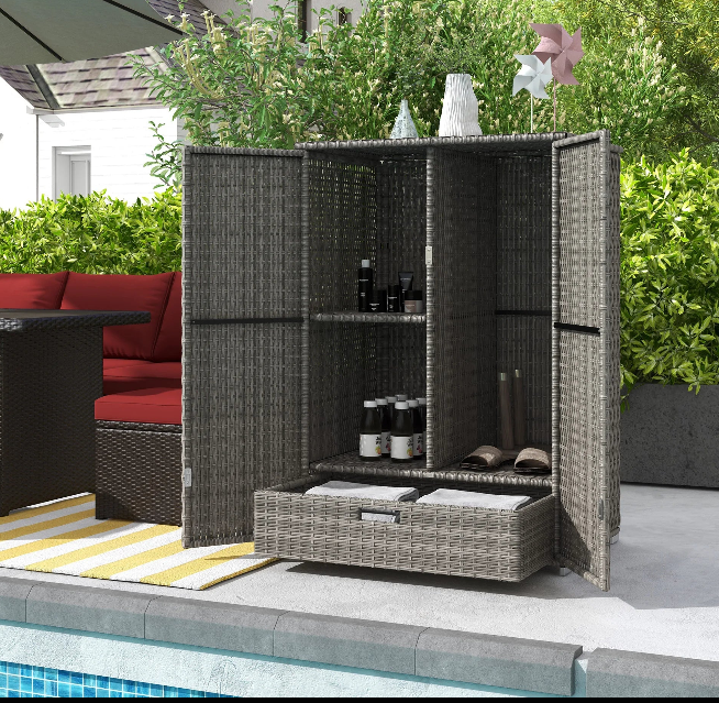 Outdoor Wicker Storage Cabinet - Towel Rack with Drawer - Dark Grey