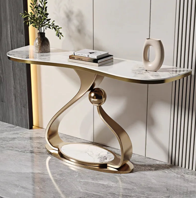 White Marble Console Table - Sculptural Gold Metal Base with Sphere Detail