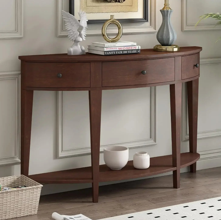 Brown Wood Curved Console Table - Traditional Style - 3 Drawers with Bottom Shelf