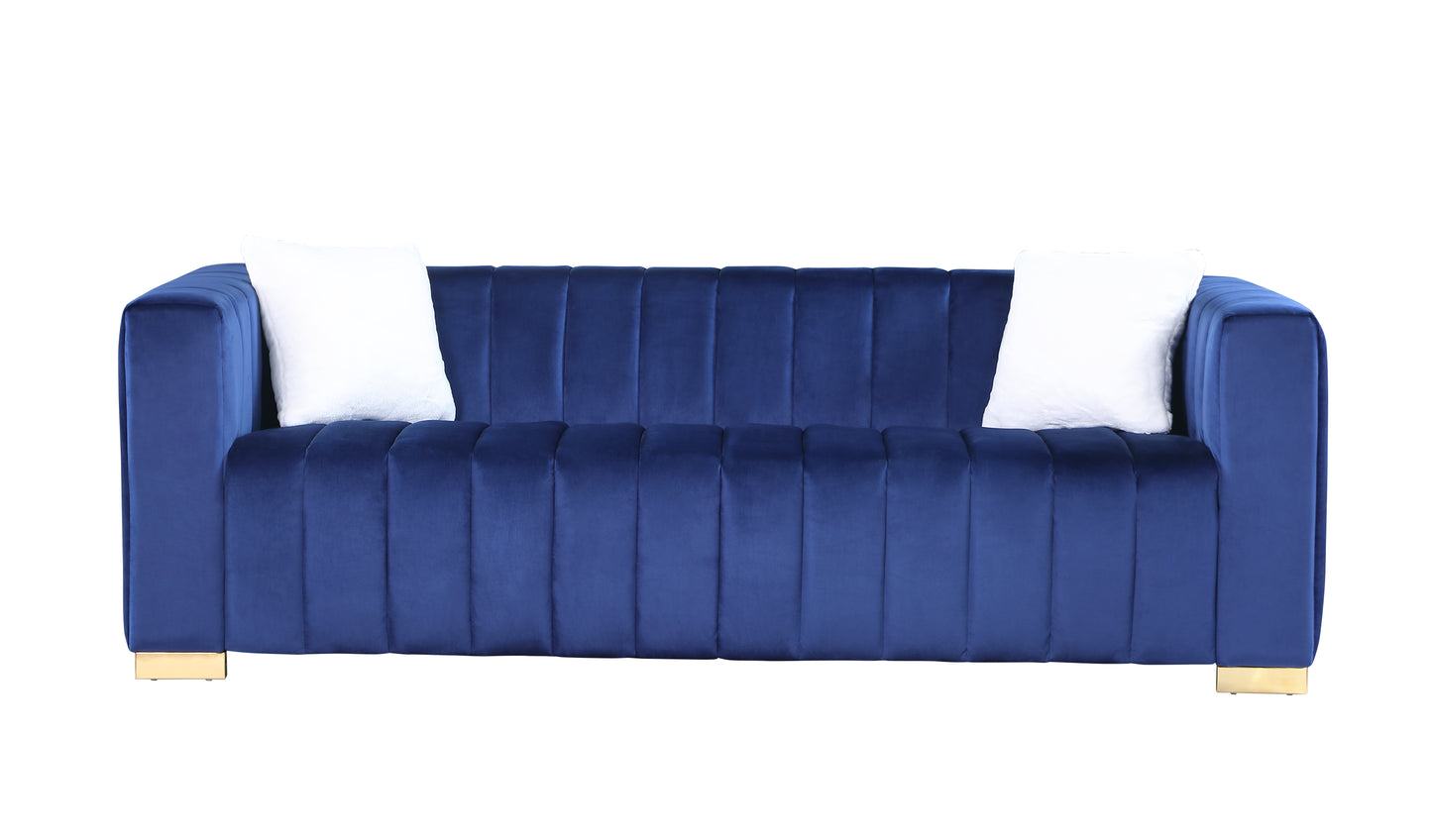 Velvet Sofa: Channel Tufted 3-Seat with Gold Base in Navy Blue