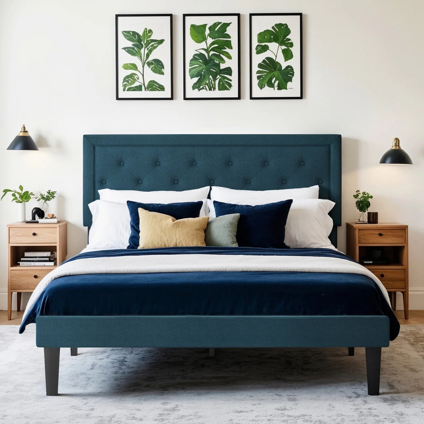 Queen Size Upholstered Platform Bed Frame with Button Tufted Linen Headboard