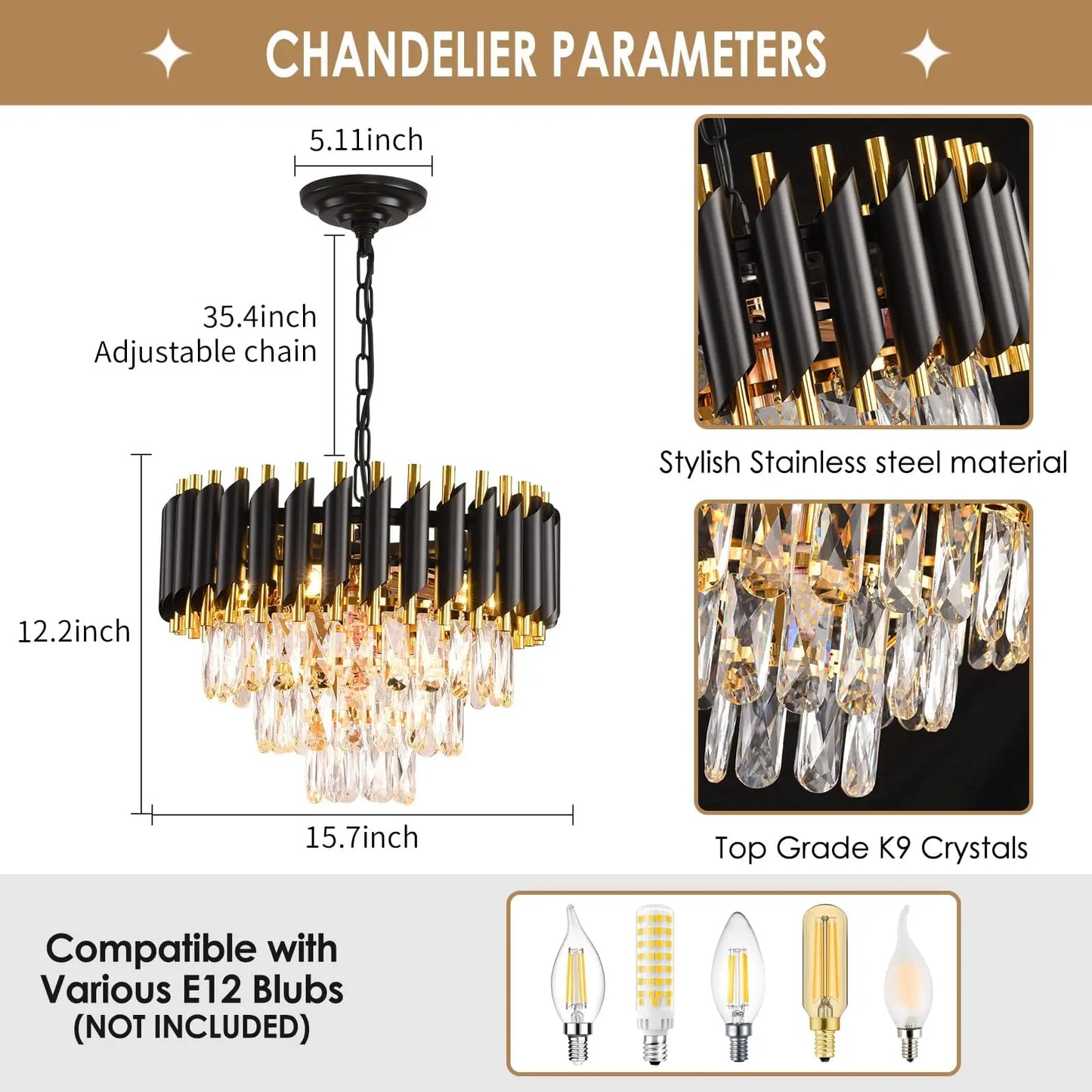 Crystal Chandelier: Black & Gold Tiered Pendant Light with Clear Crystals