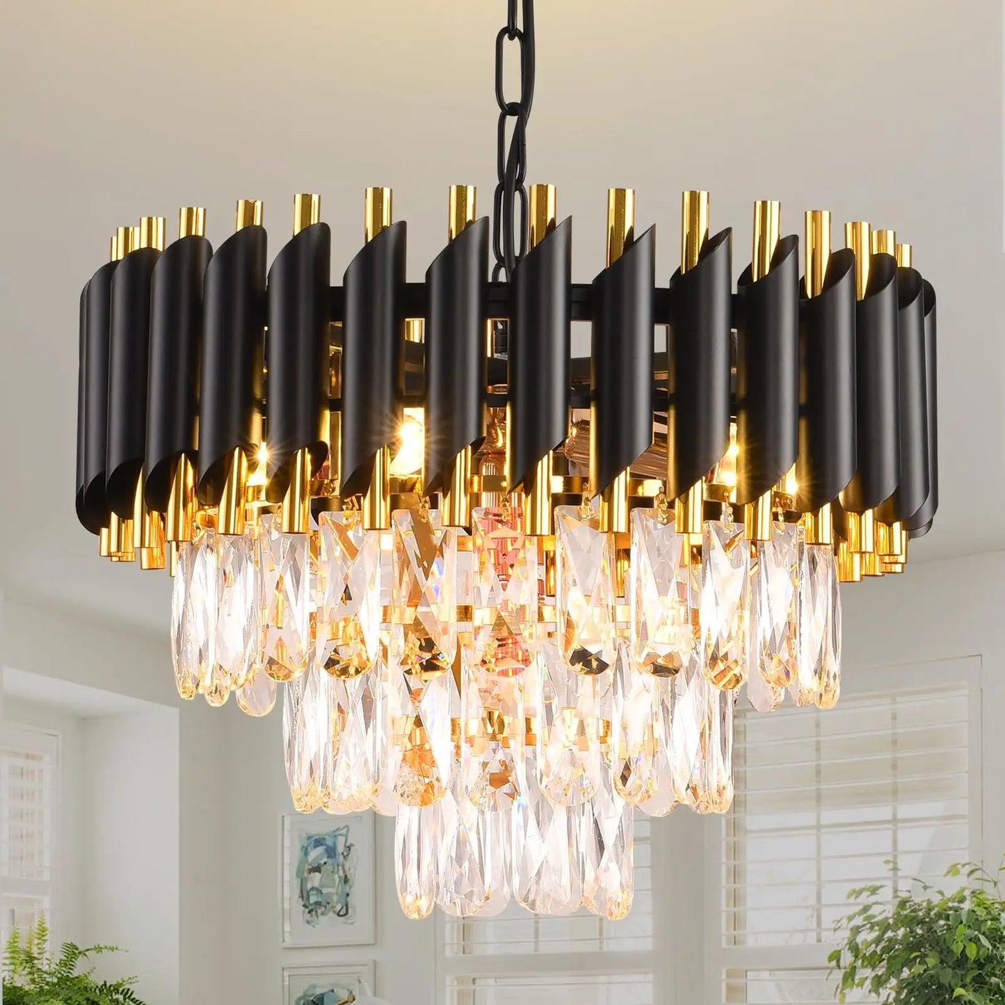Crystal Chandelier: Black & Gold Tiered Pendant Light with Clear Crystals