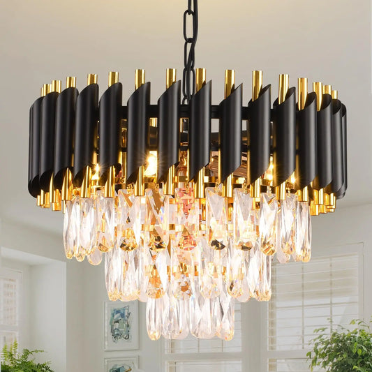Crystal Chandelier: Black & Gold Tiered Pendant Light with Clear Crystals