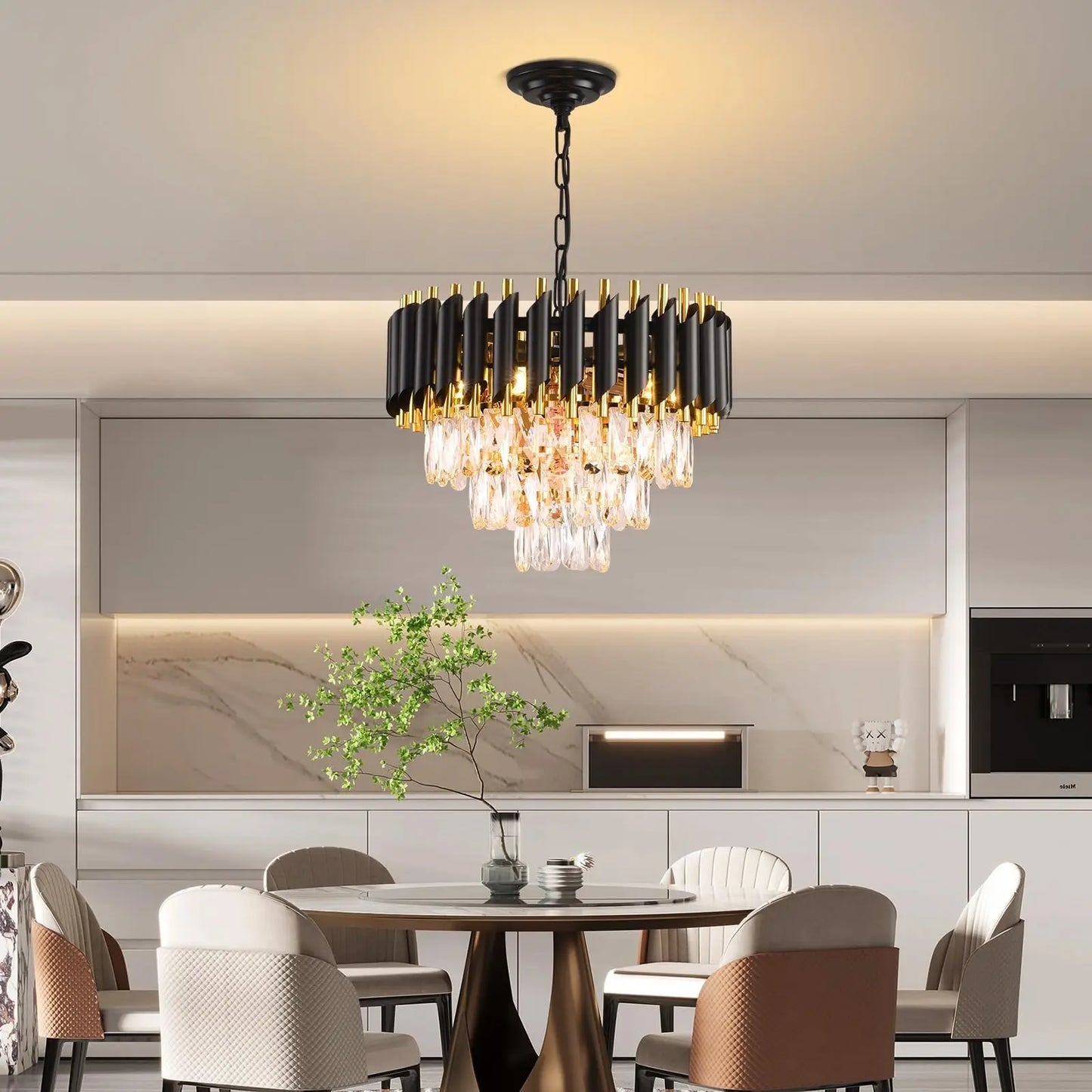 Crystal Chandelier: Black & Gold Tiered Pendant Light with Clear Crystals