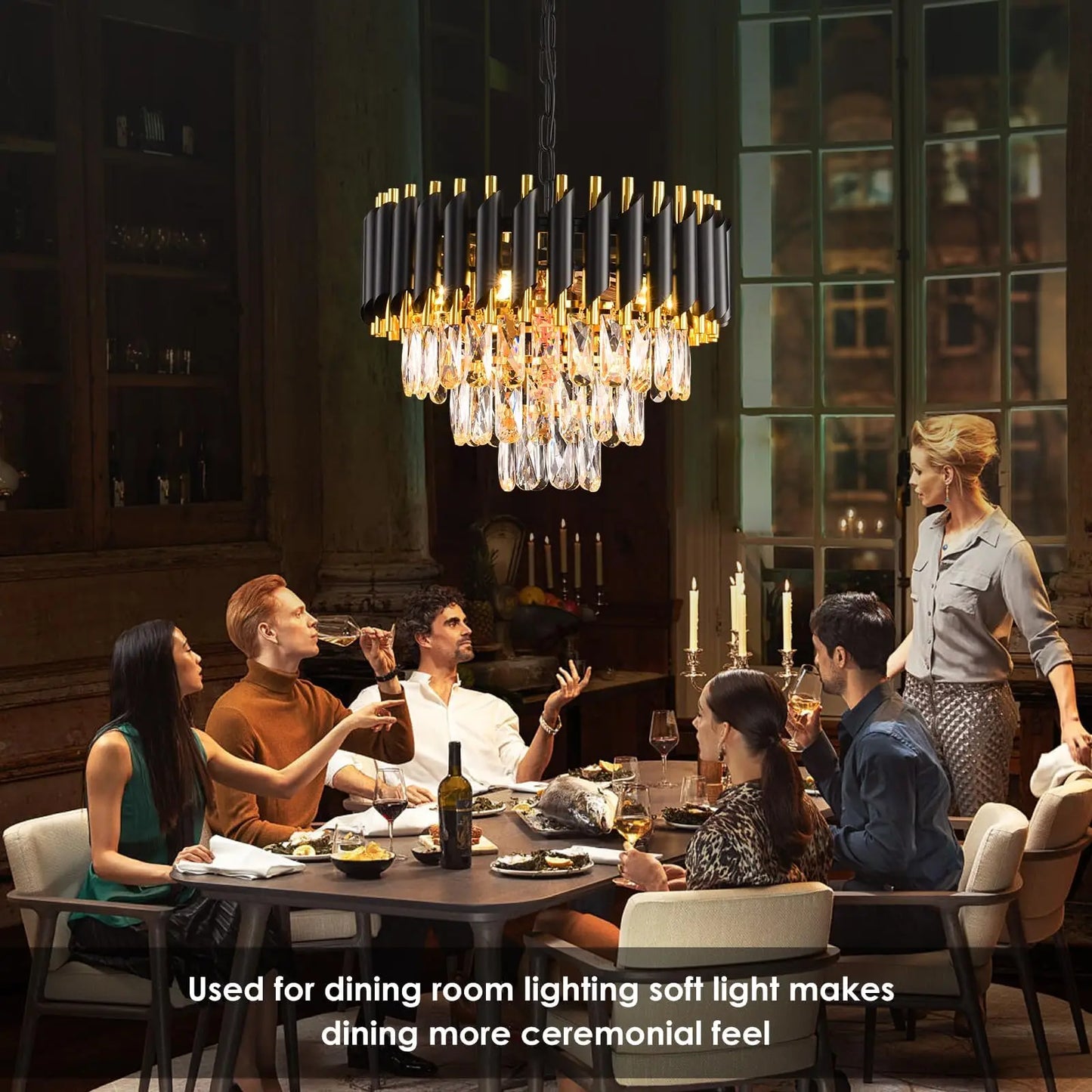 Crystal Chandelier: Black & Gold Tiered Pendant Light with Clear Crystals